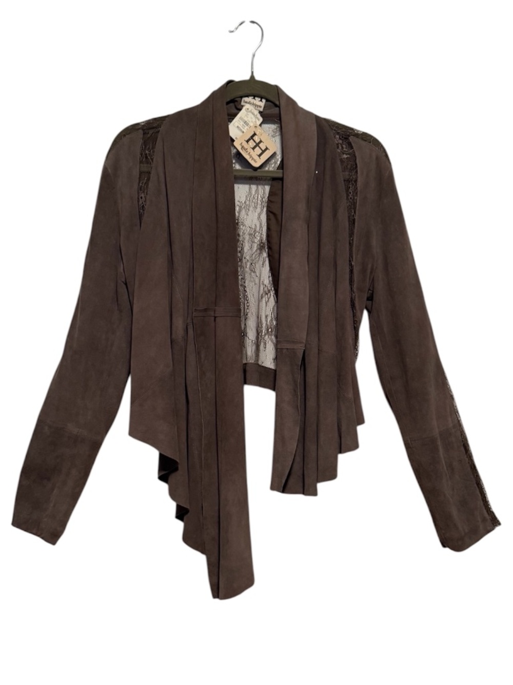 NWT Haute Hippie Suede Lace Open Front Cropped Jacket Size Medium Gray